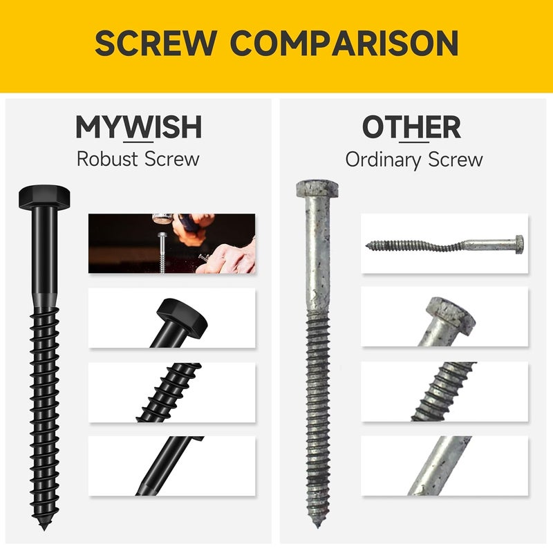 MYWISH (6Sets) 1/2" x 4" Hex Head Lag Bolts, Heavy Duty Lag Screws with Washers, 304 Stainless Steel Bolts 18-8, Lag Screws Wood Screws, Fully Thread Black Oxide, 1/2 Bolt by - Image 3